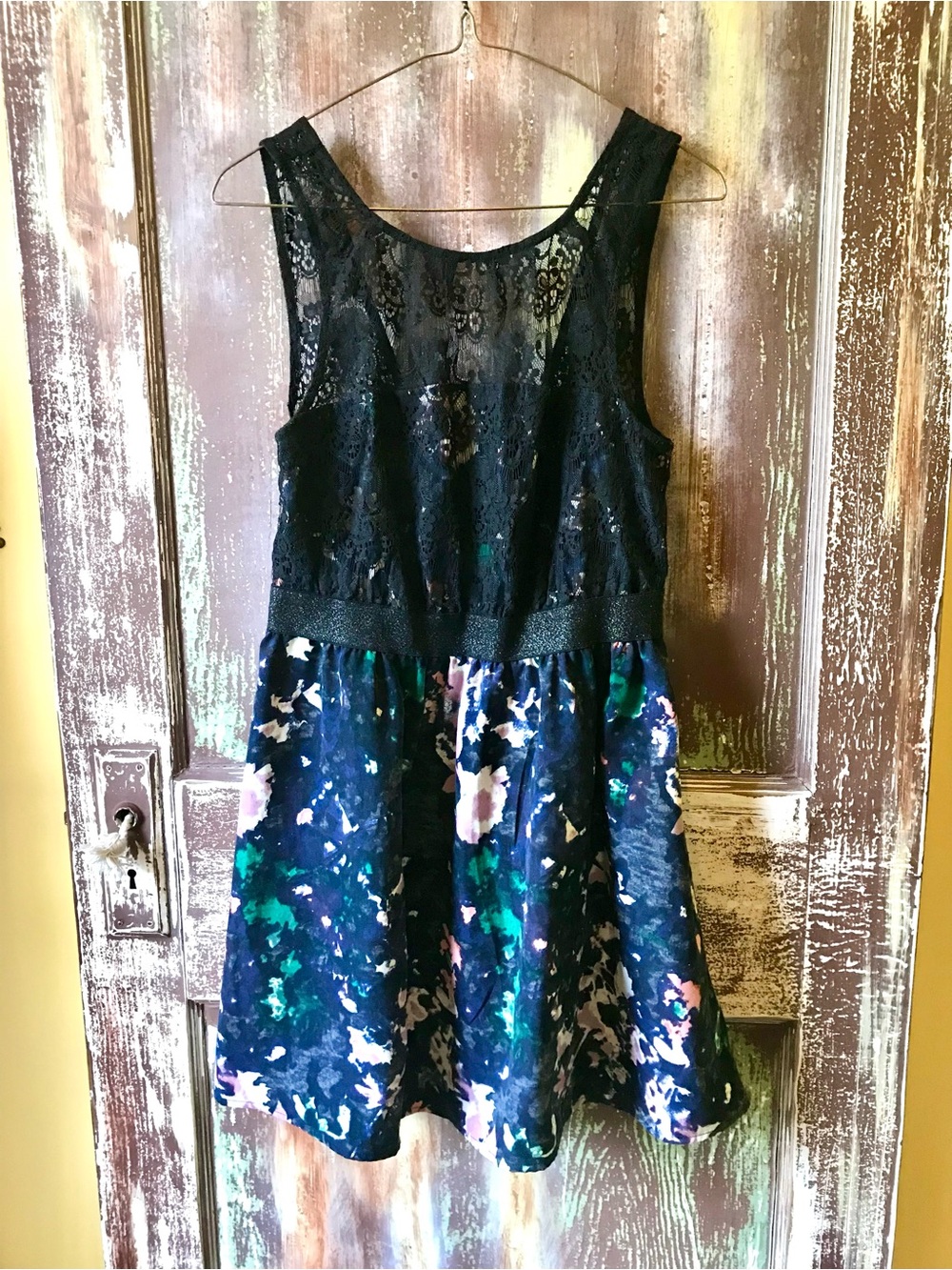 UO Kimchi Blue Bodice Navy Floral Lace Skater Dress